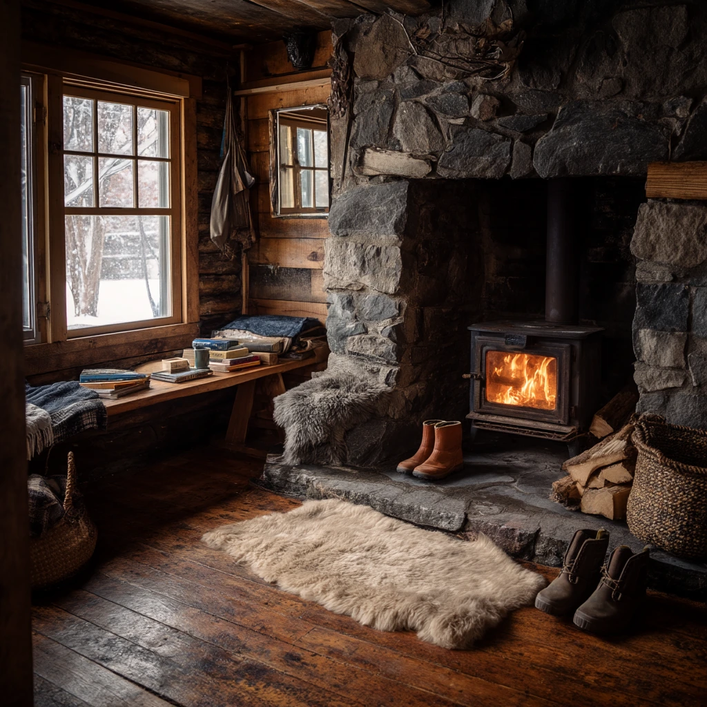Cozy Winter Cabin with a Three-Sided Stove Fireplace