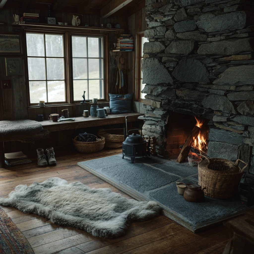 Cozy Winter Cabin with a Three-Sided Stove Fireplace