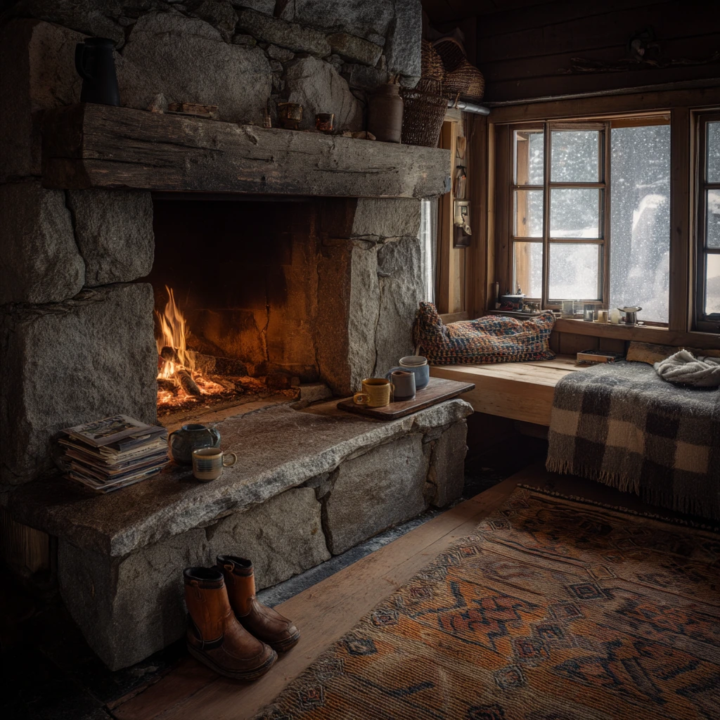 Cozy Winter Cabin with a Three-Sided Stove Fireplace