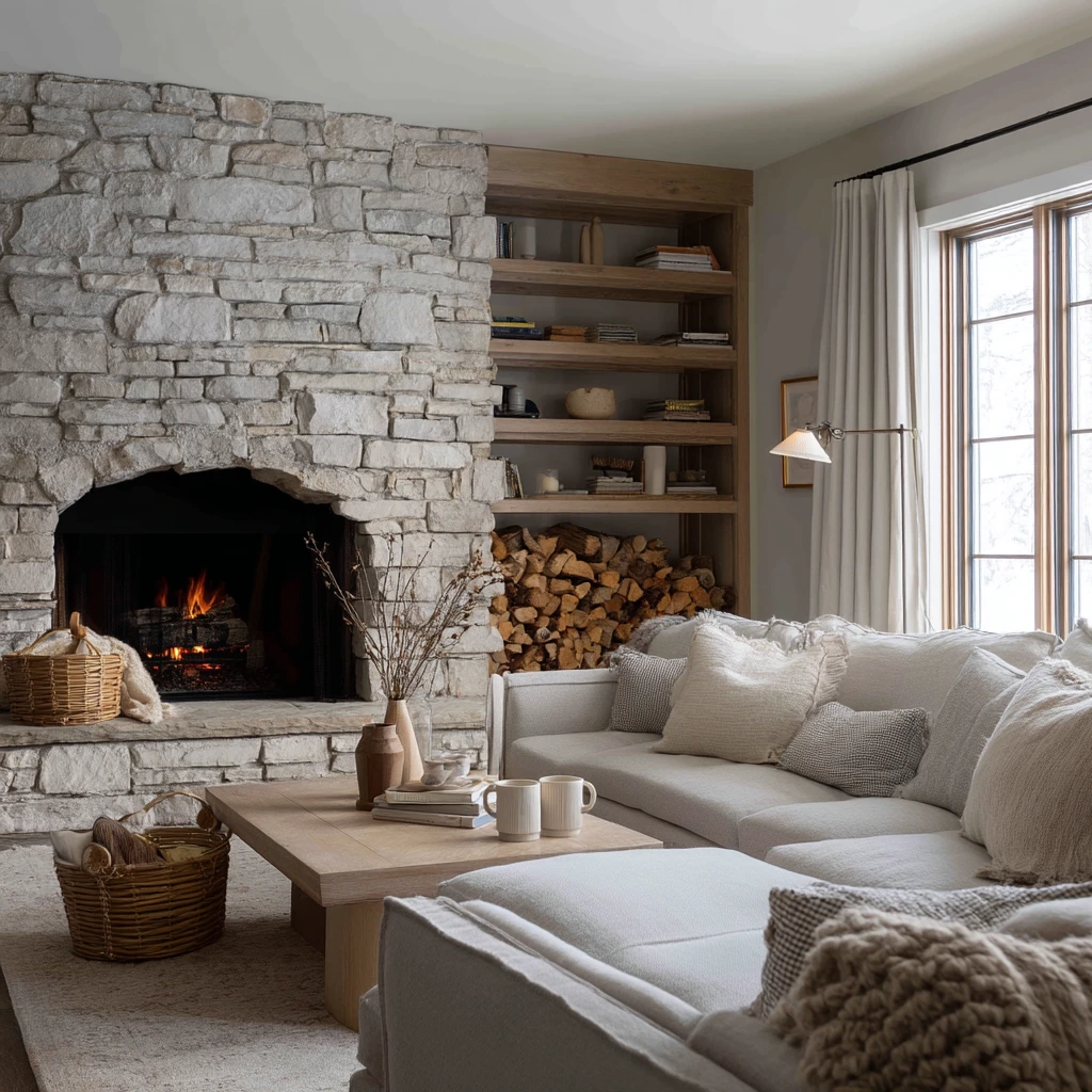 Family Great Room with a Stone Wraparound Hearth