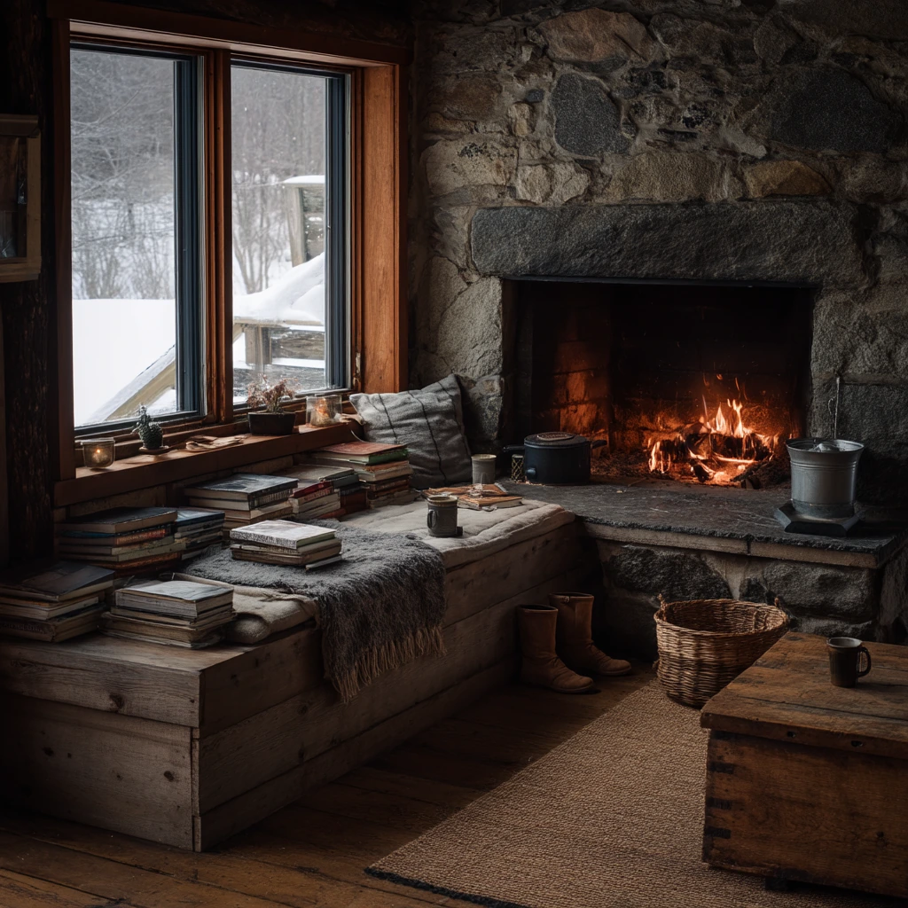 Cozy Winter Cabin with a Three-Sided Stove Fireplace