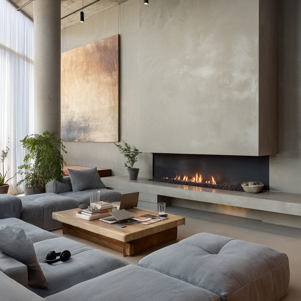 Urban Loft Fireplace with Art and Concrete