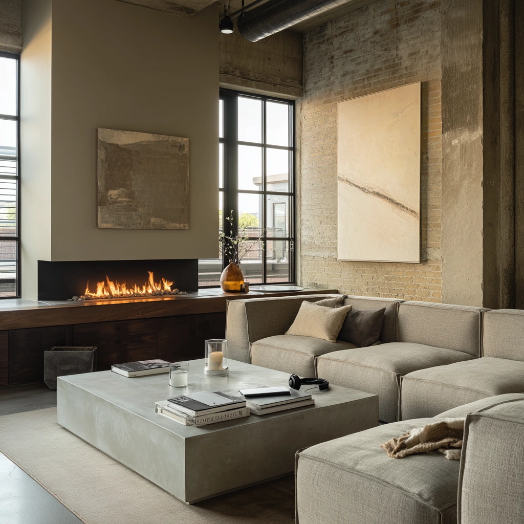 Urban Loft Fireplace with Art and Concrete