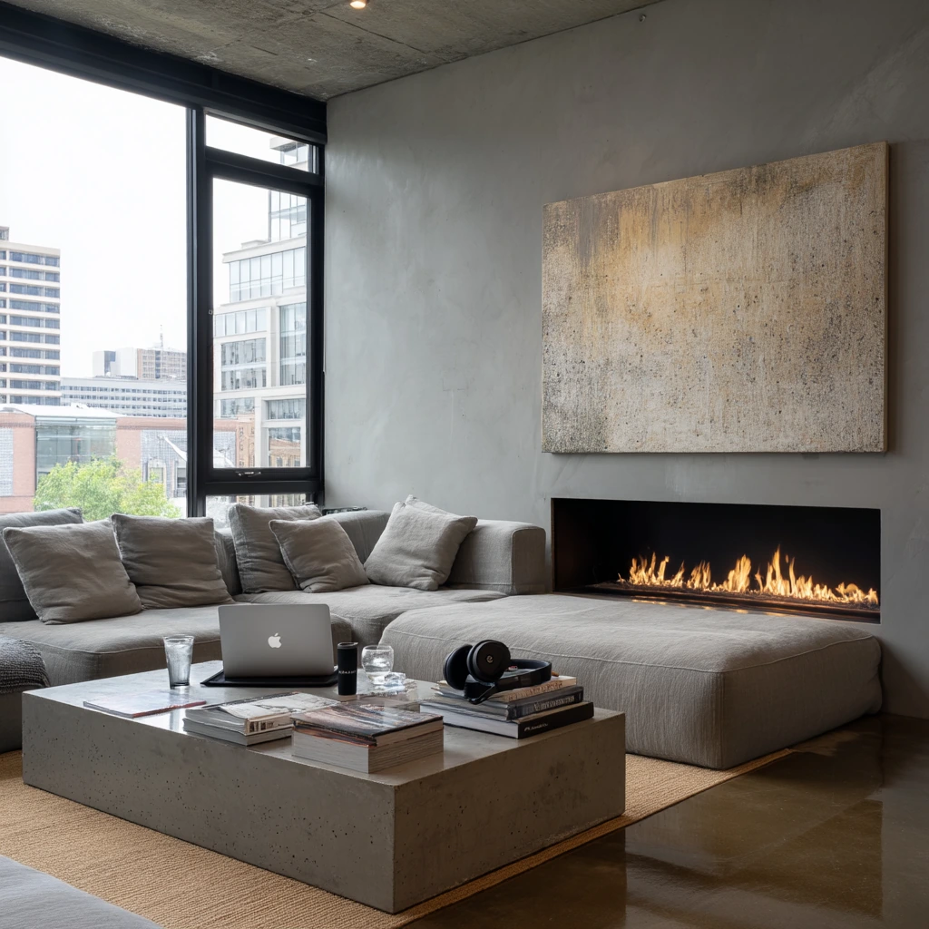 Urban Loft Fireplace with Art and Concrete