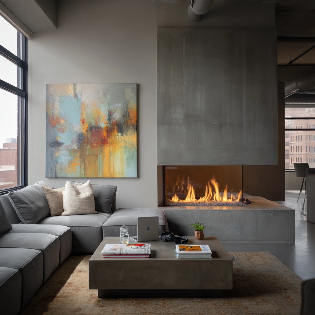 Urban Loft Fireplace with Art and Concrete
