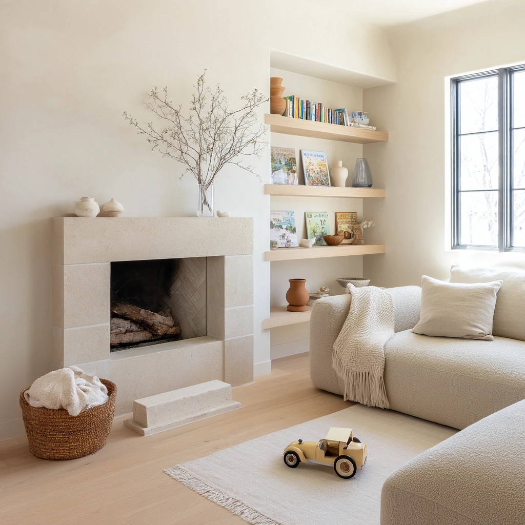 Scandi-Luxe Family Room with a Floating Hearth