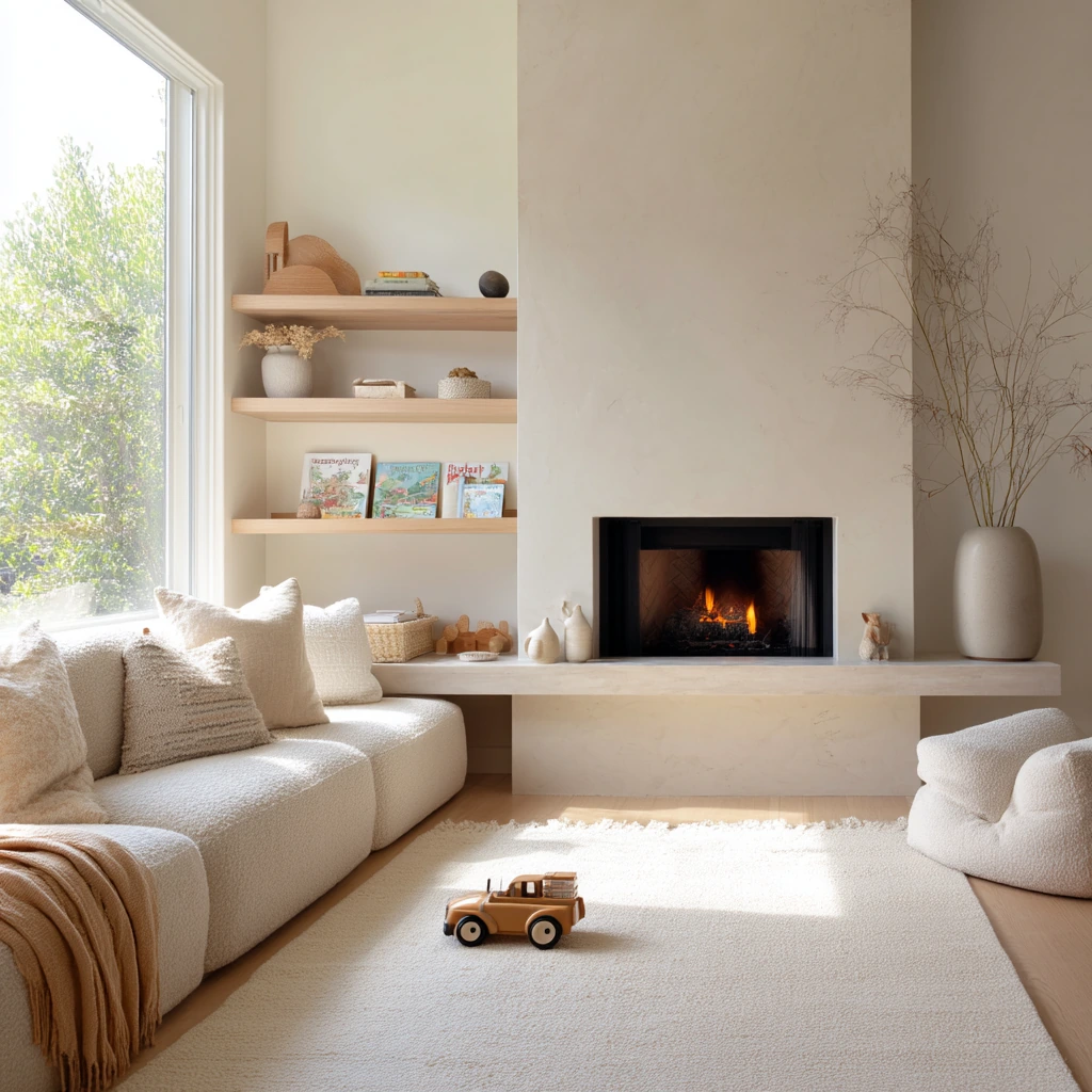 Scandi-Luxe Family Room with a Floating Hearth