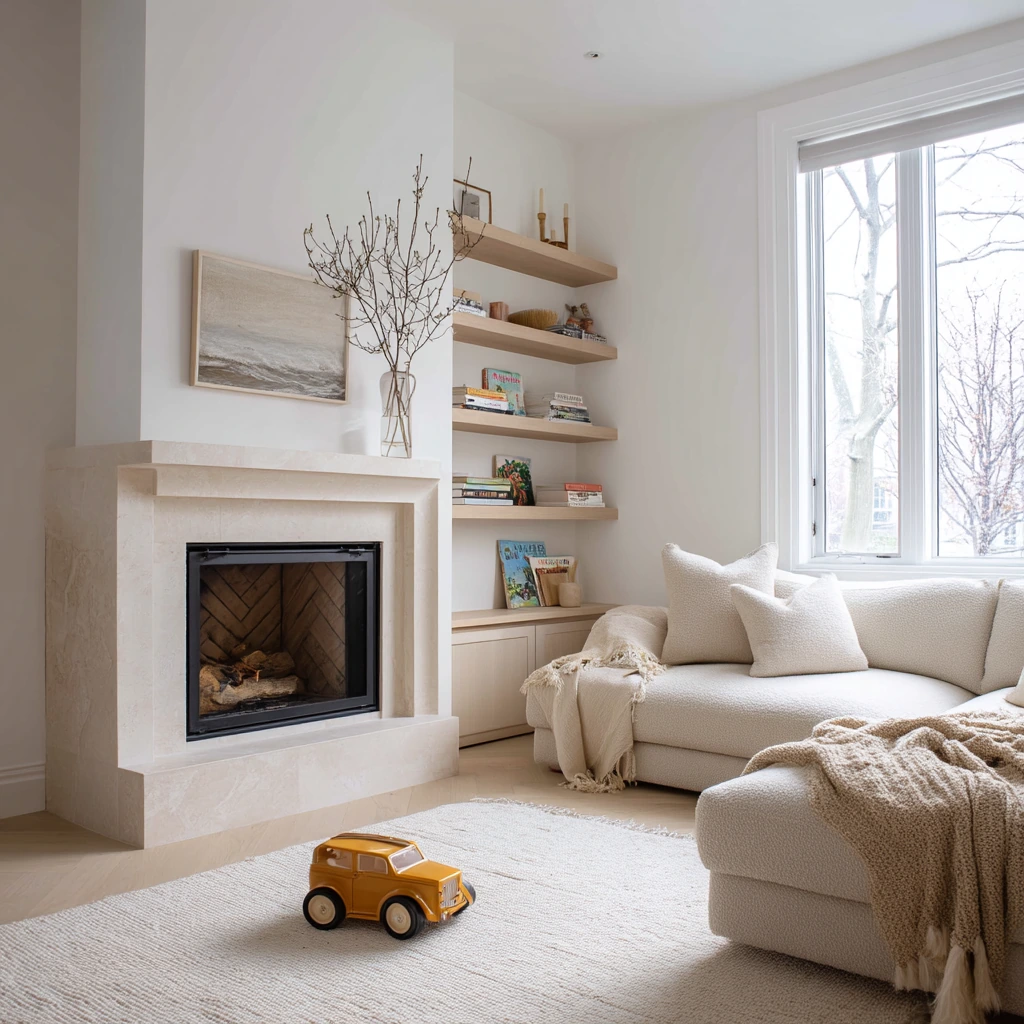 Scandi-Luxe Family Room with a Floating Hearth