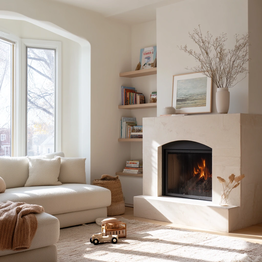Scandi-Luxe Family Room with a Floating Hearth