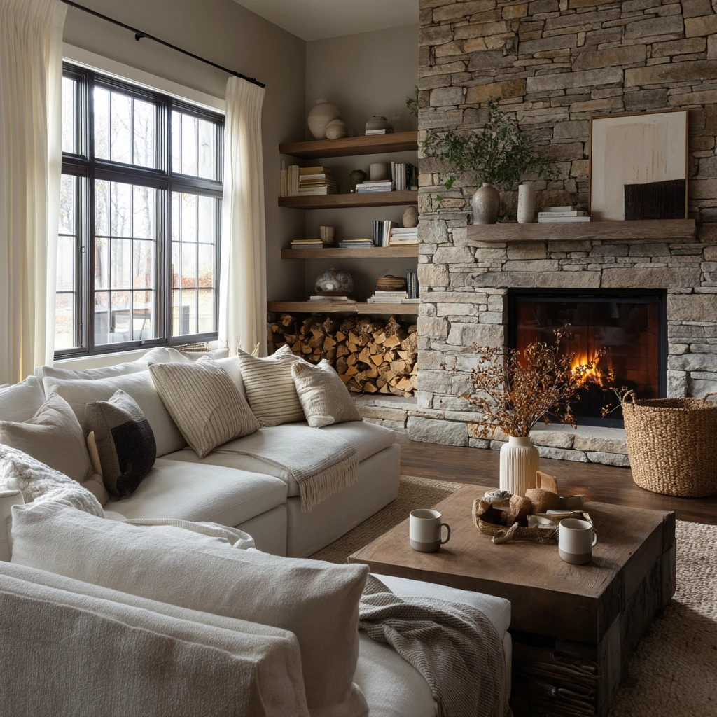 Family Great Room with a Stone Wraparound Hearth