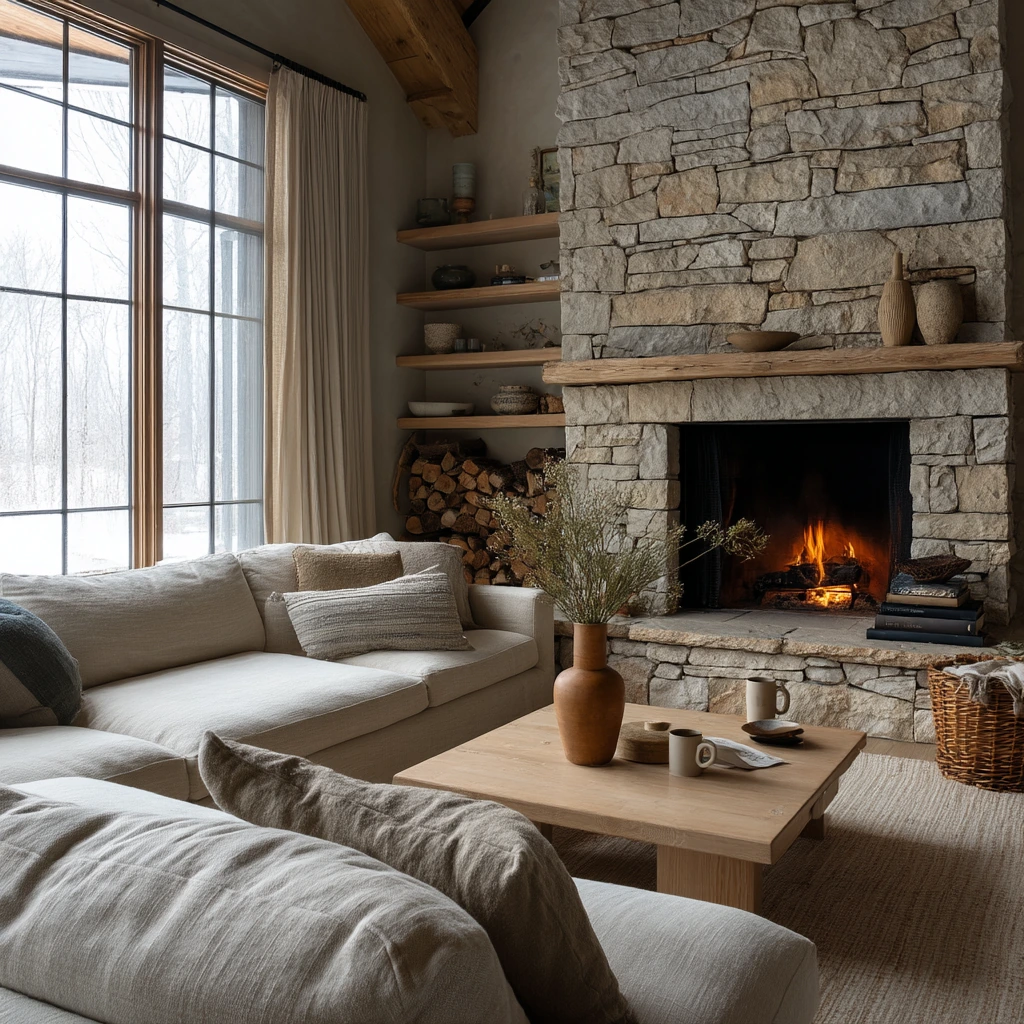 Family Great Room with a Stone Wraparound Hearth