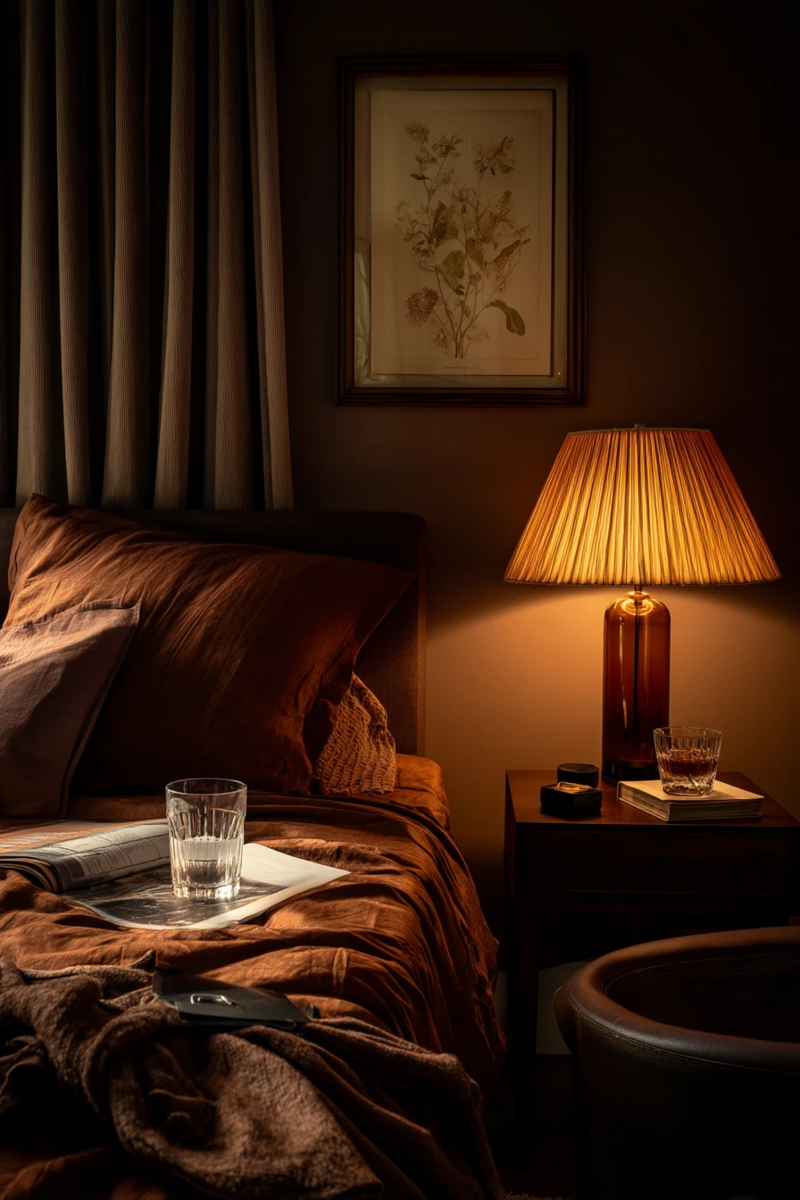 Moody 70s Bedroom With Evening Lamps
