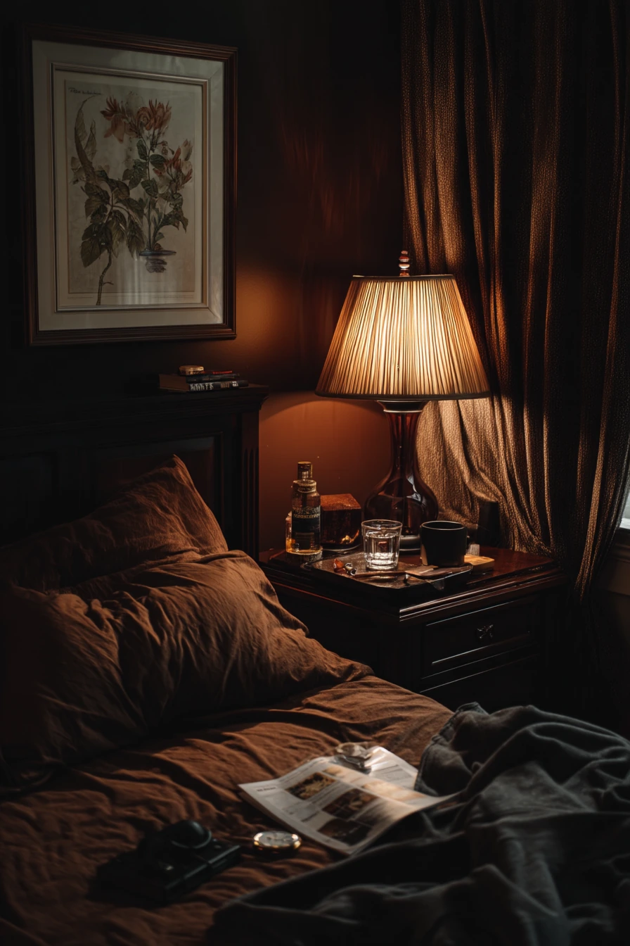 Moody 70s Bedroom With Evening Lamps