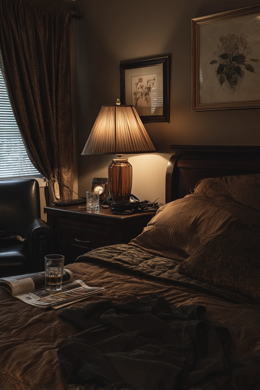 Moody 70s Bedroom With Evening Lamps