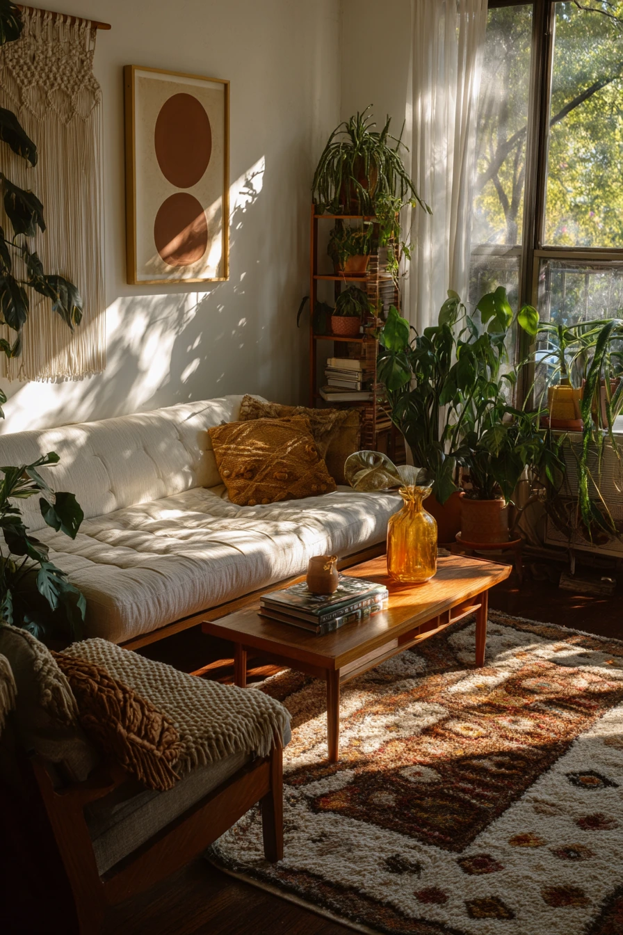 Plant-Filled 70s Living Room With Sun Shadows