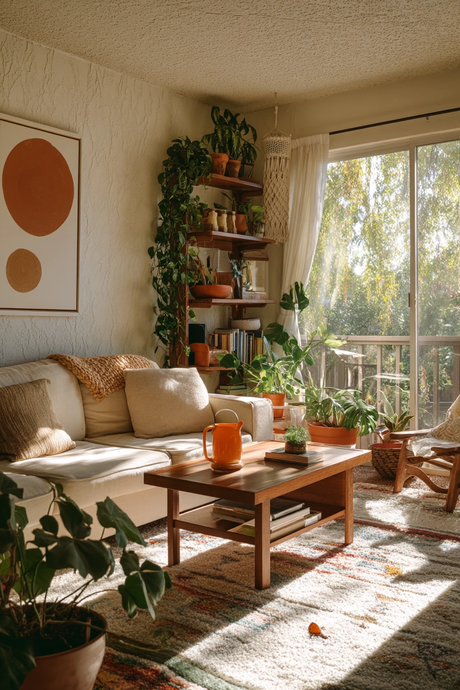 Plant-Filled 70s Living Room With Sun Shadows