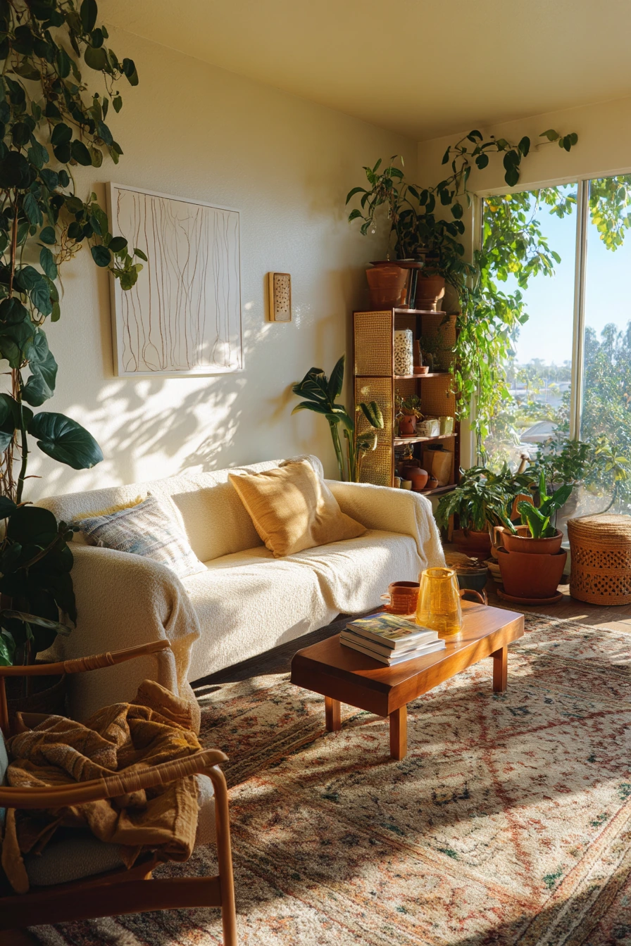 Plant-Filled 70s Living Room With Sun Shadows