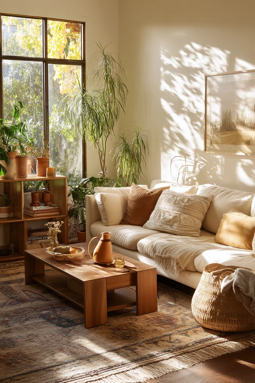 Plant-Filled 70s Living Room With Sun Shadows