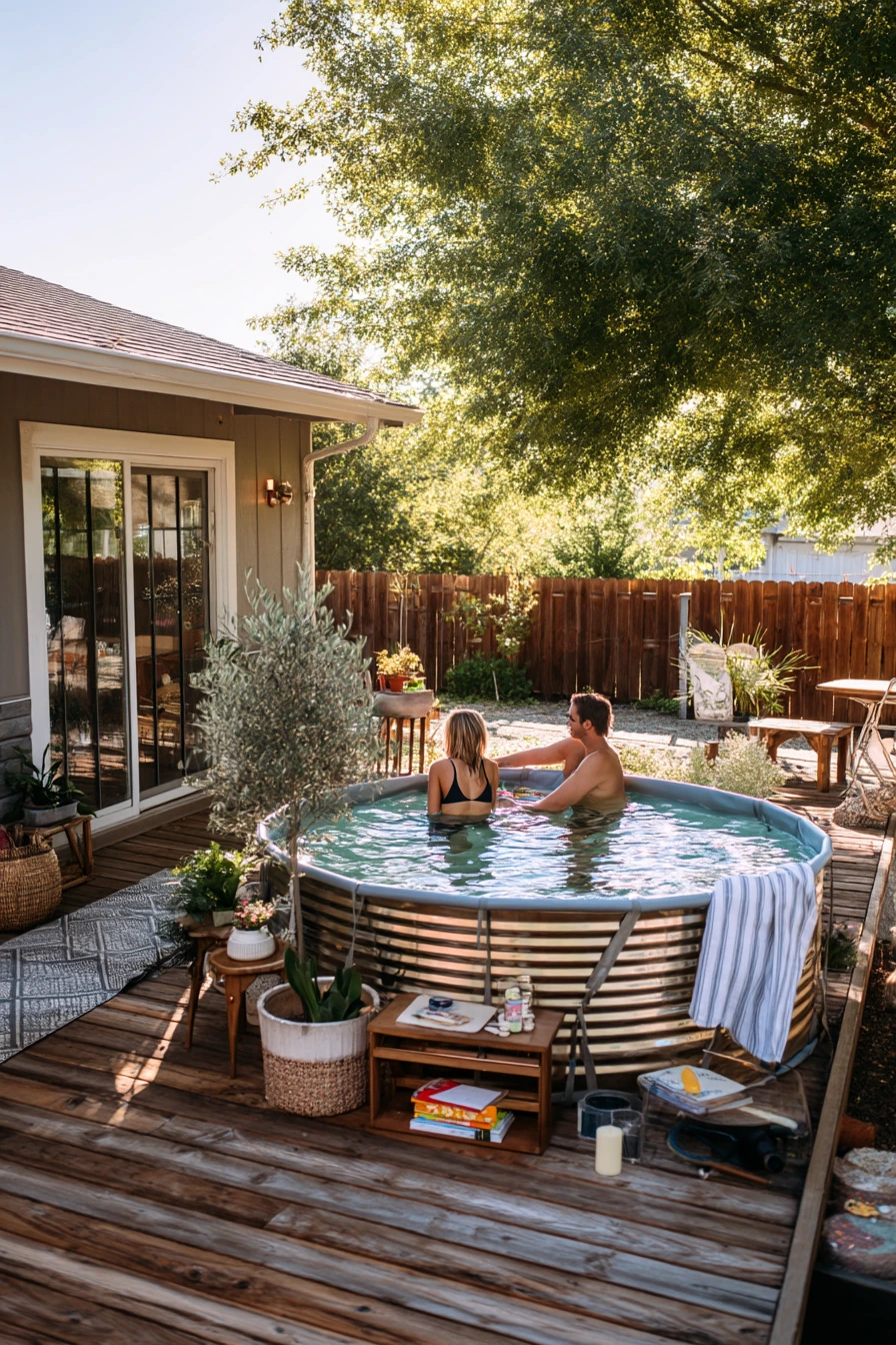 Backyard Deck Hangout Around a Stock Tank Pool
