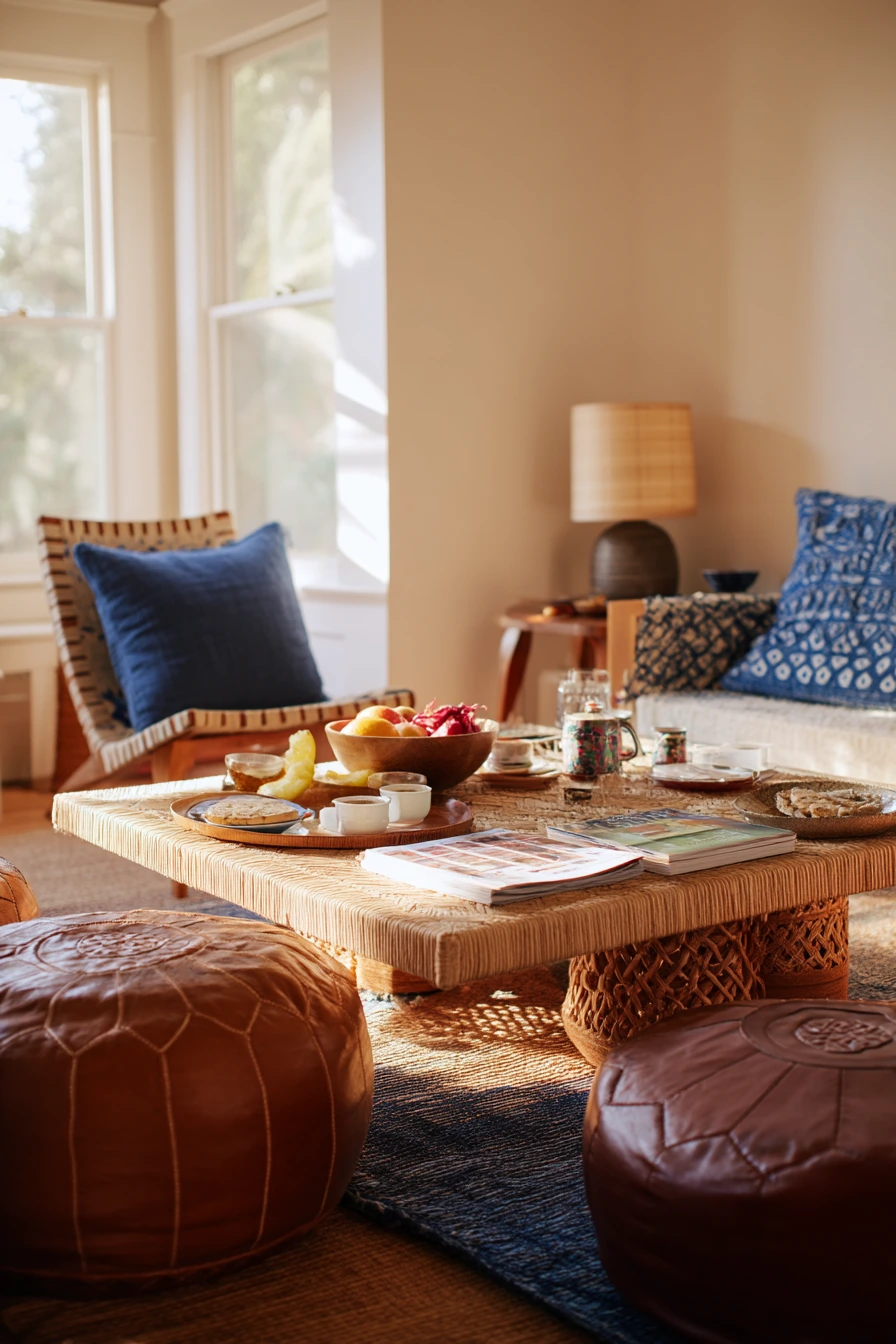 Weekend Hosting Living Room with Low Tables and Food