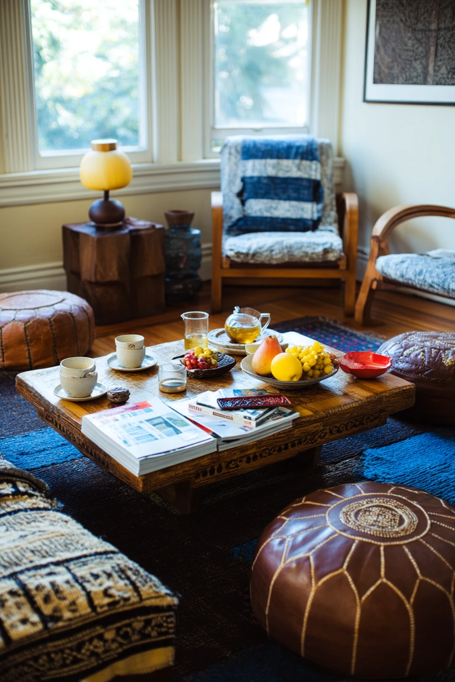 Weekend Hosting Living Room with Low Tables and Food