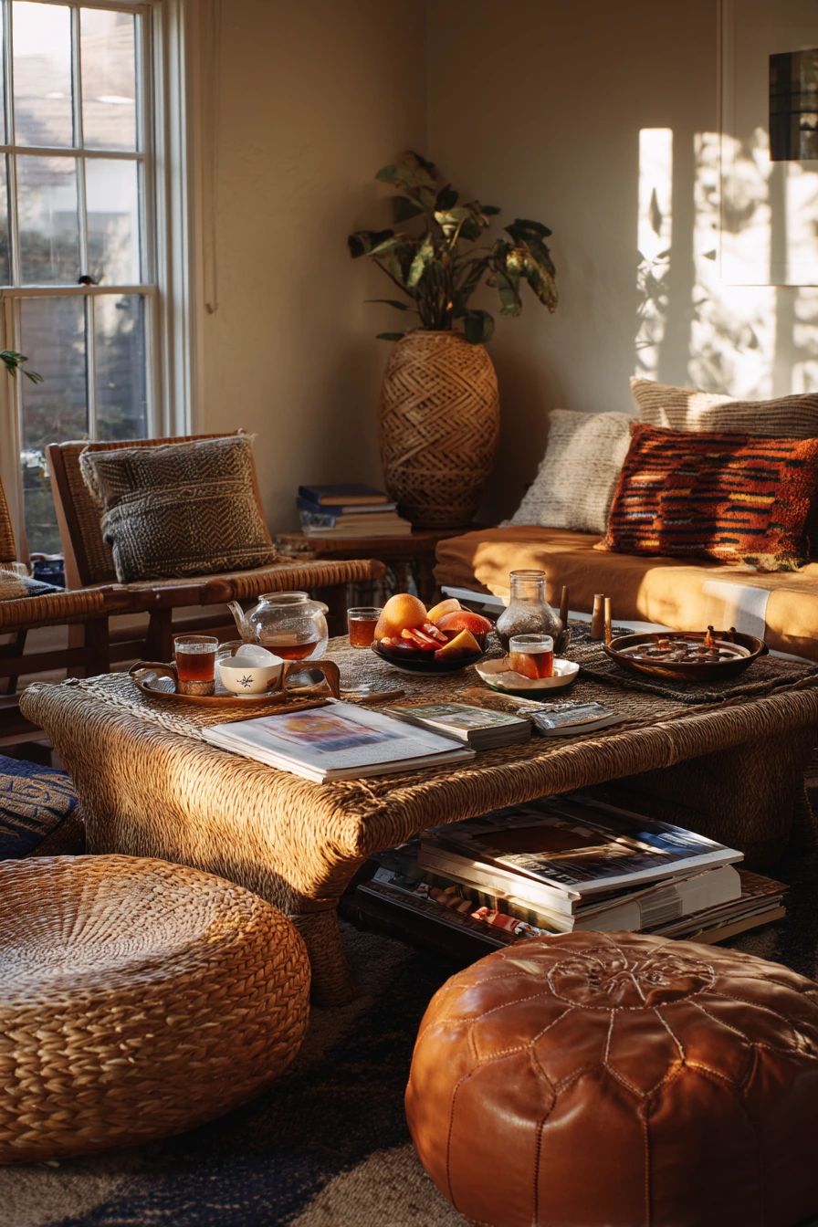 Weekend Hosting Living Room with Low Tables and Food