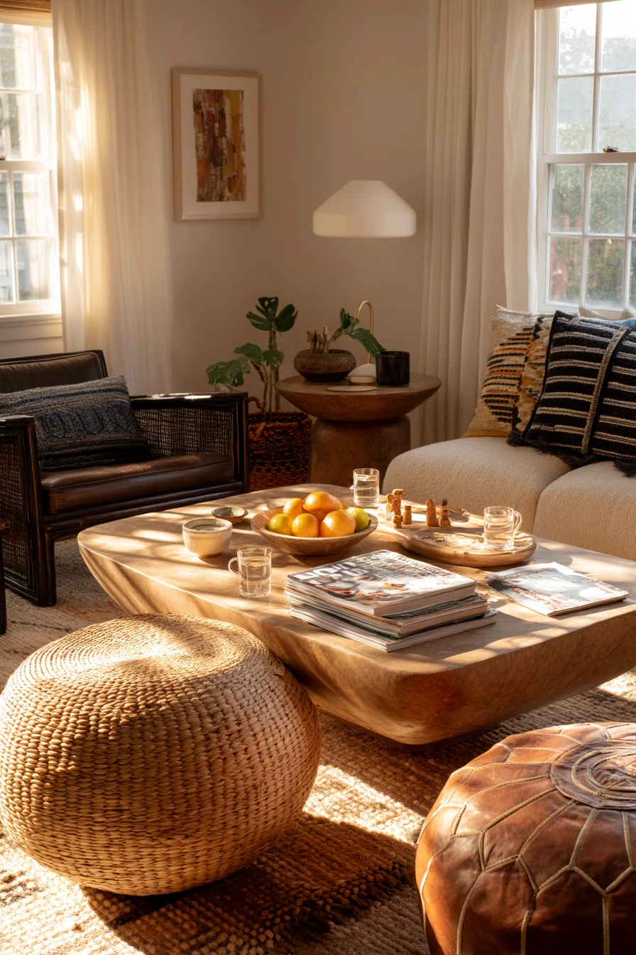 Weekend Hosting Living Room with Low Tables and Food