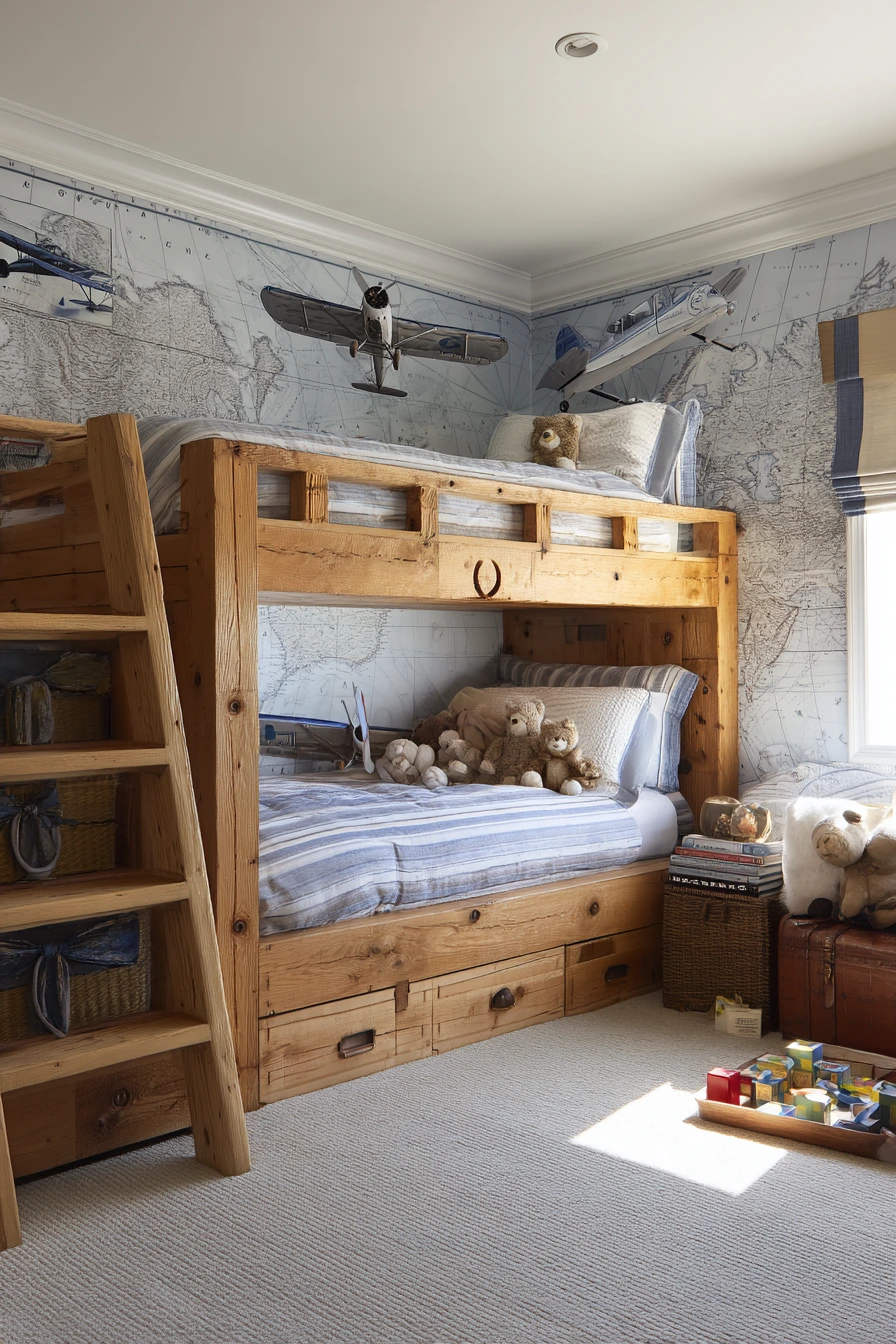 Airplane Bedroom with Bunk Beds and Flight Map Wall