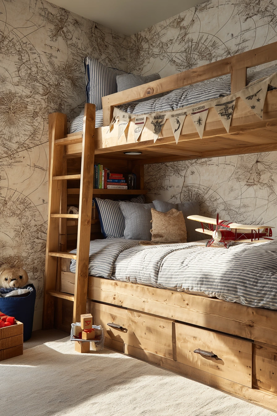 Airplane Bedroom with Bunk Beds and Flight Map Wall