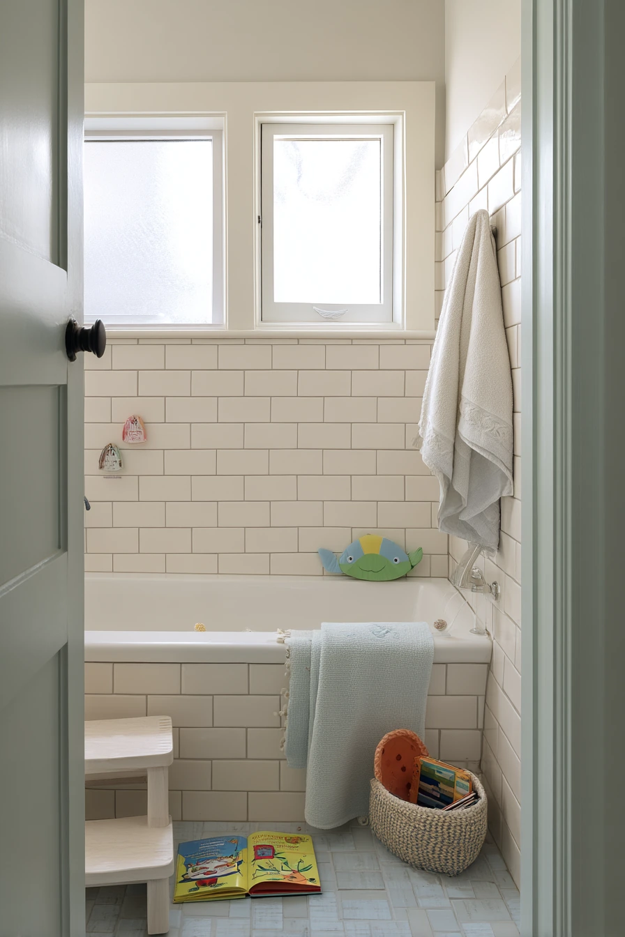 Cozy Kids’ Bath Around an Alcove Tub