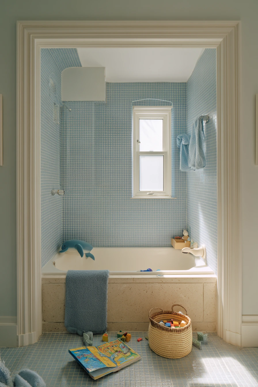 Cozy Kids’ Bath Around an Alcove Tub
