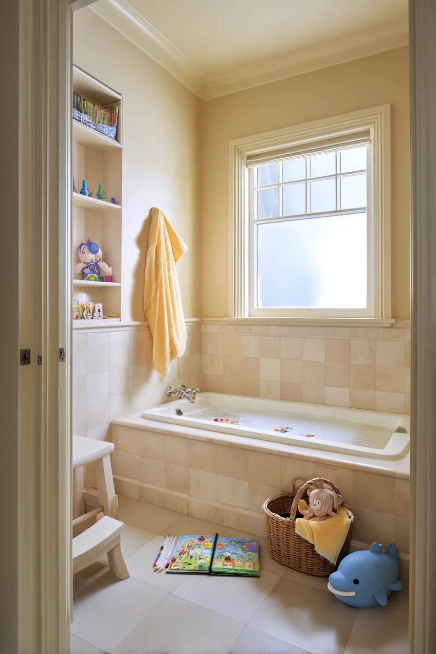 Cozy Kids’ Bath Around an Alcove Tub