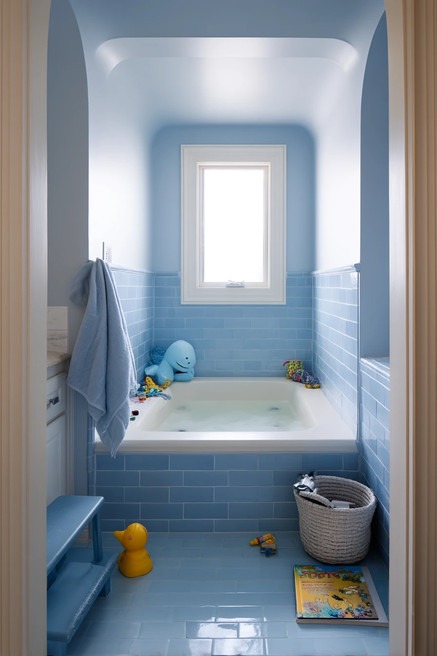 Cozy Kids’ Bath Around an Alcove Tub