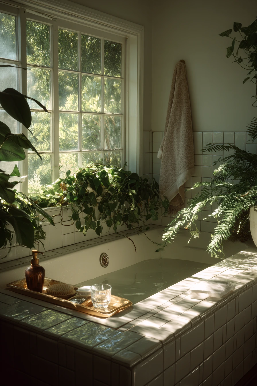 Alcove Tub with Plant-Filled Window Light
