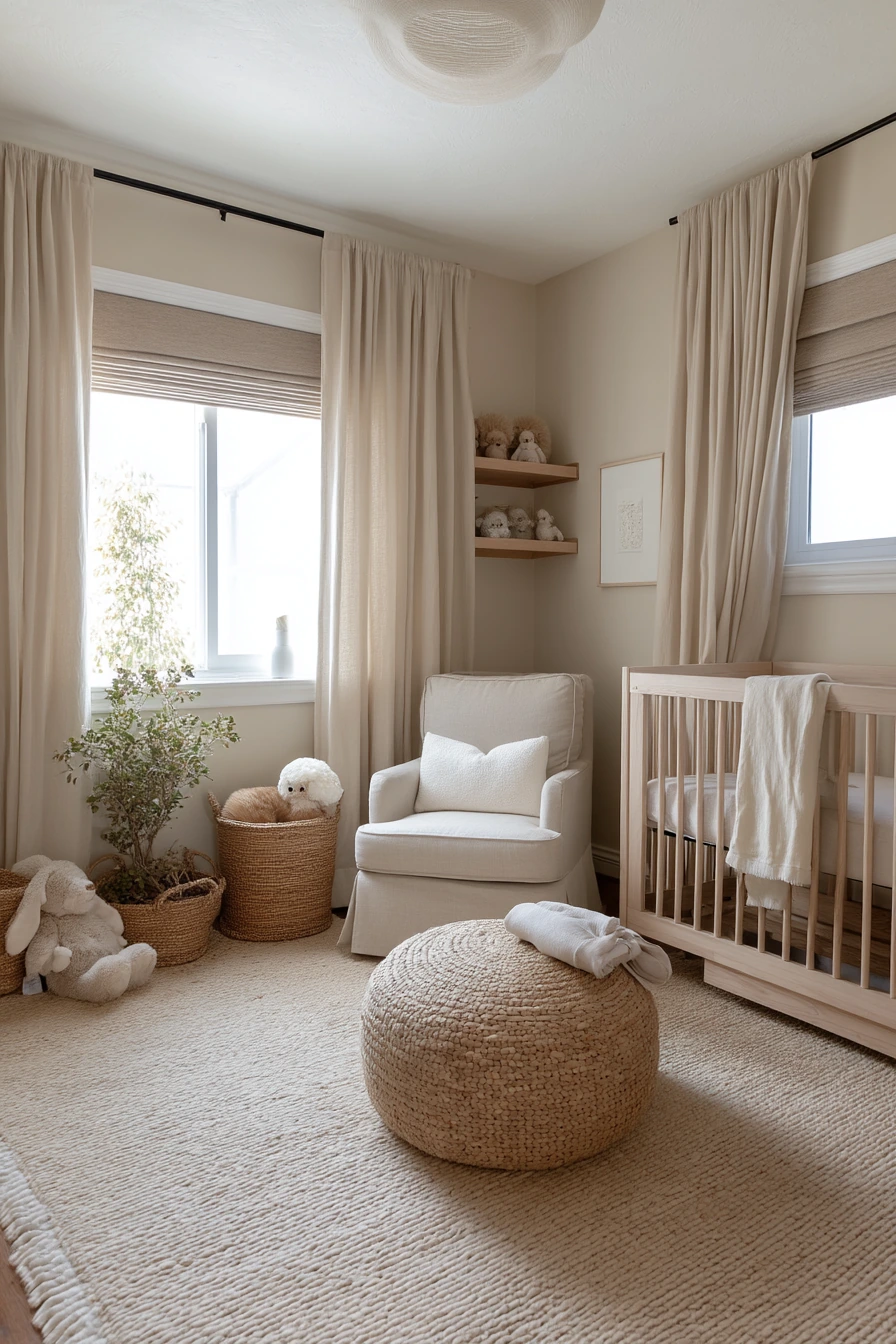 3. Beige Nursery Bedroom with Soft Storage