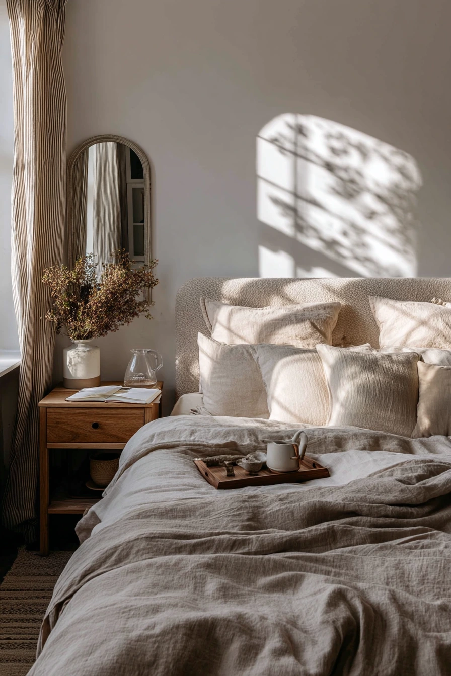 5. Beige Bedroom with Earthy Textures and Plant Life