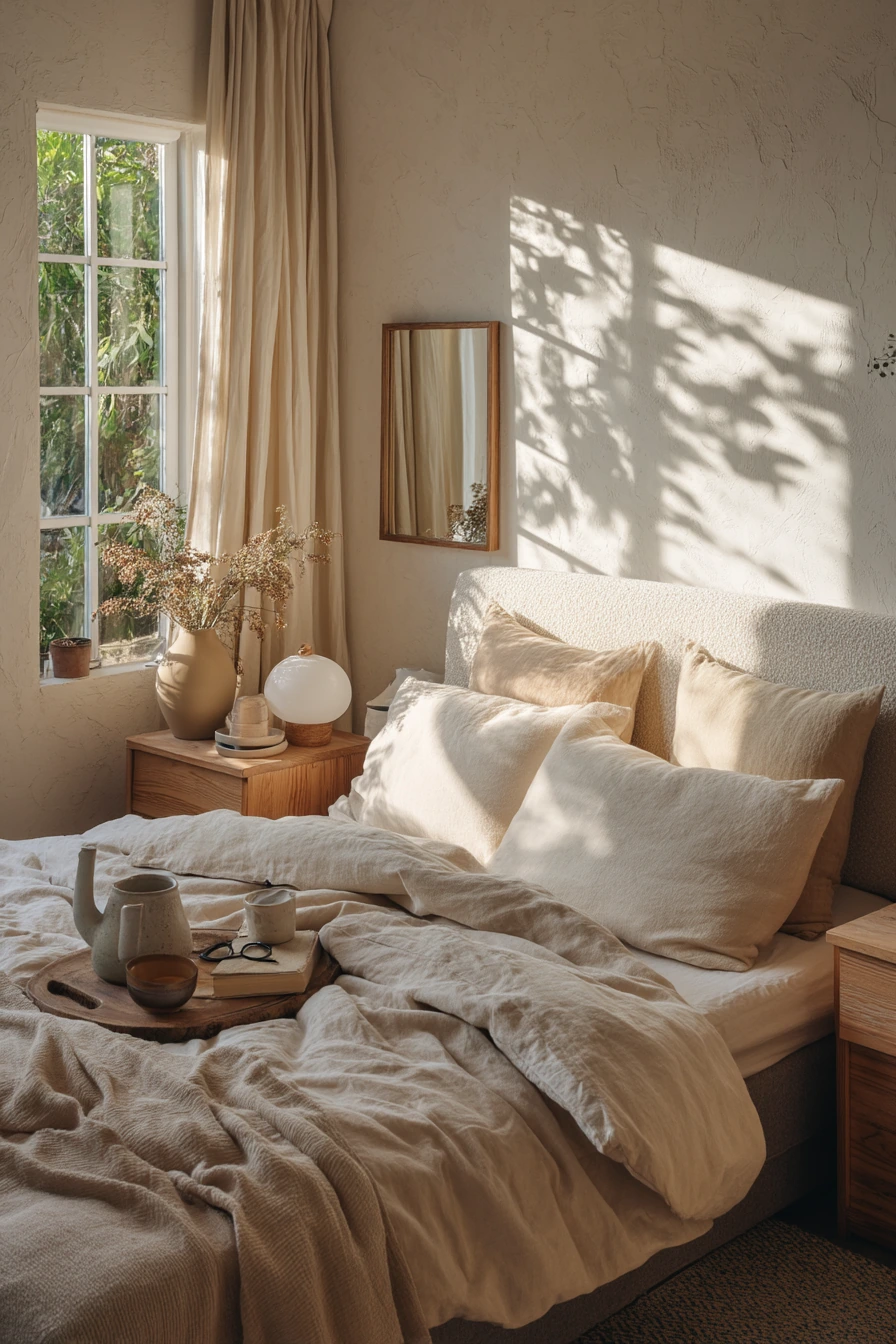 5. Beige Bedroom with Earthy Textures and Plant Life