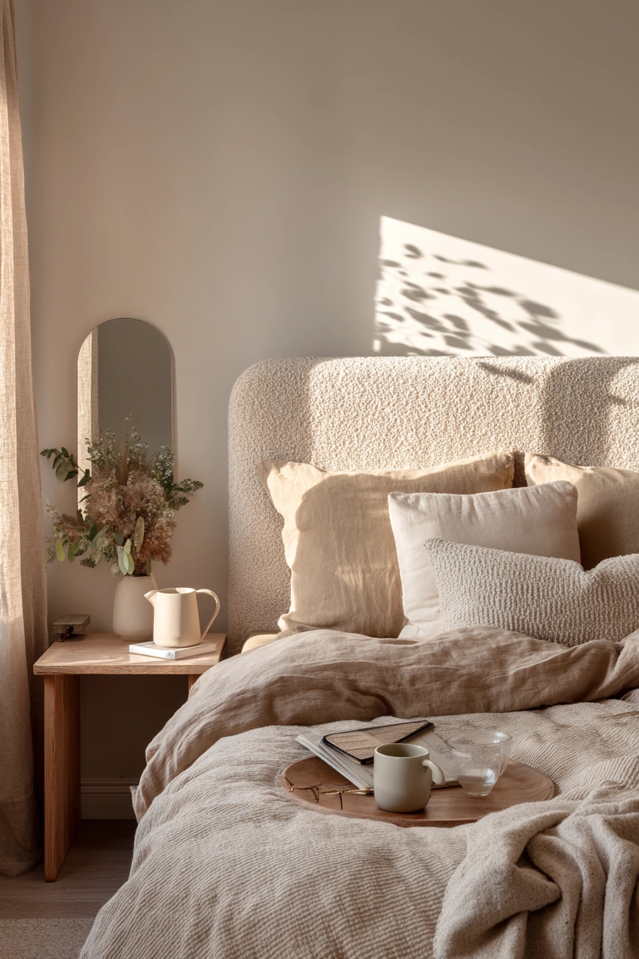 5. Beige Bedroom with Earthy Textures and Plant Life