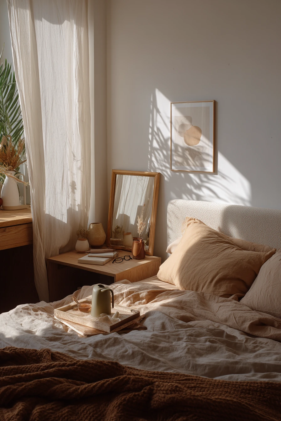 5. Beige Bedroom with Earthy Textures and Plant Life