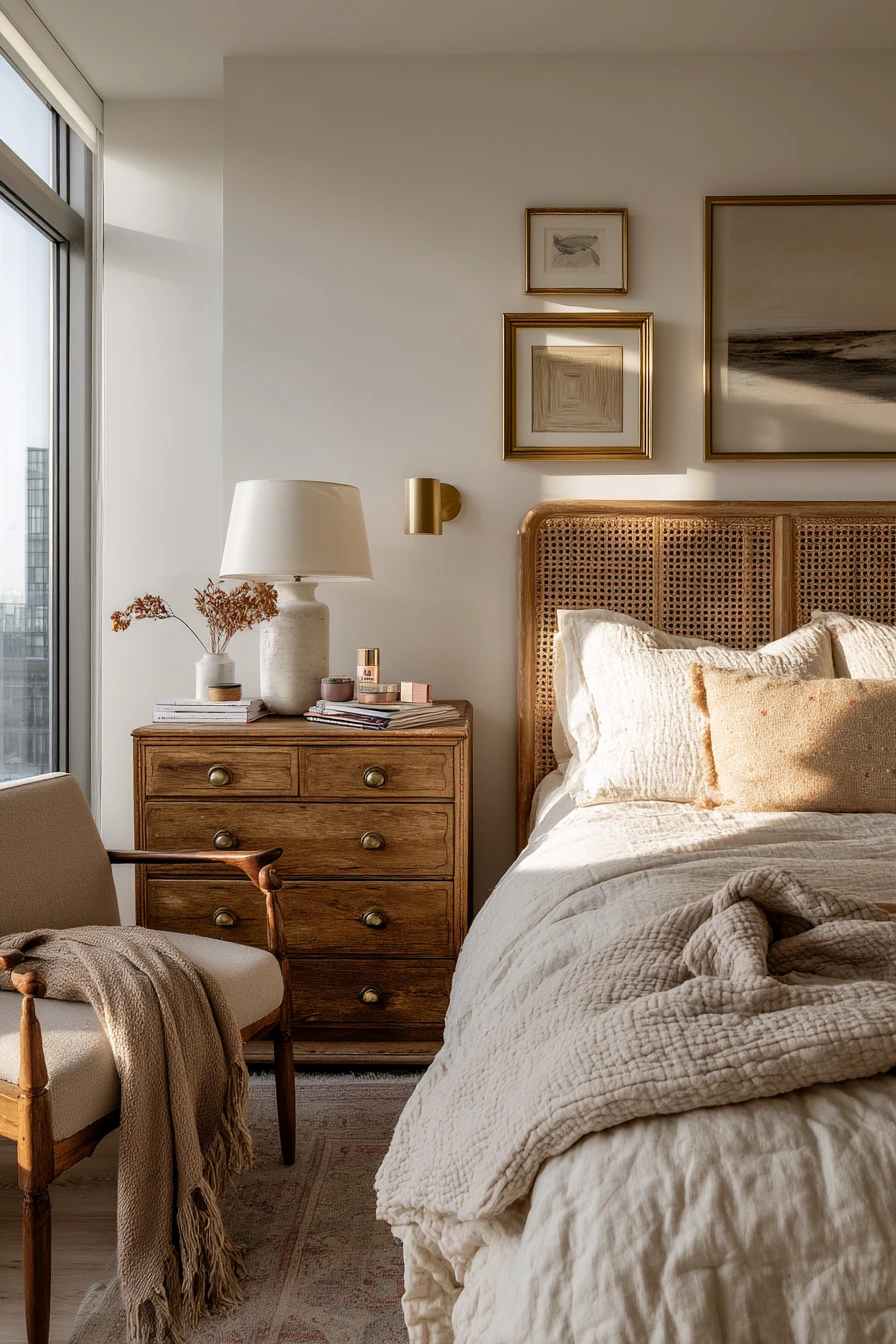 7. Beige Bedroom with Vintage Finds and Layered Warmth