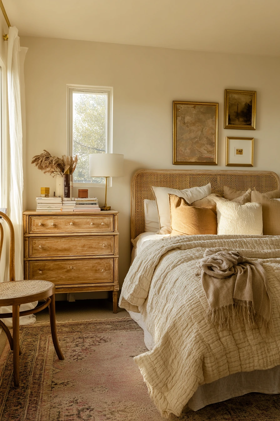 7. Beige Bedroom with Vintage Finds and Layered Warmth