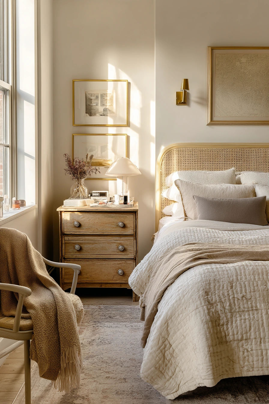 7. Beige Bedroom with Vintage Finds and Layered Warmth