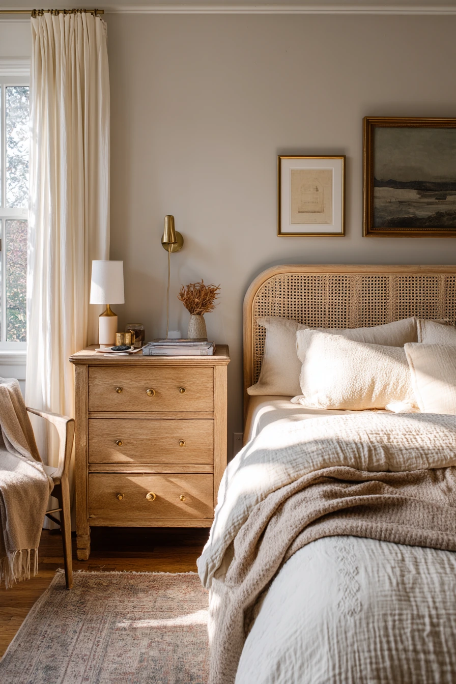 7. Beige Bedroom with Vintage Finds and Layered Warmth
