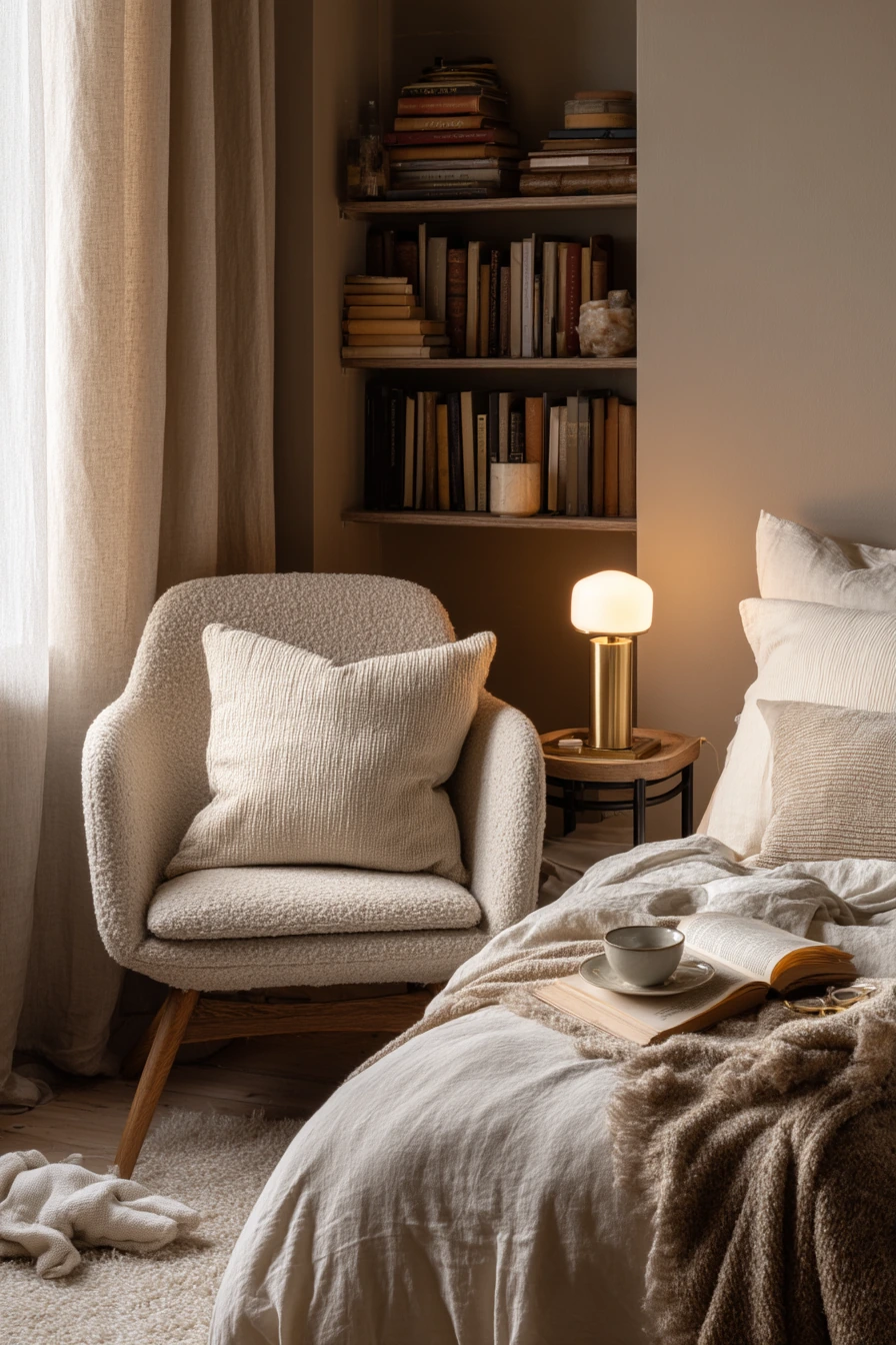 9. Beige Bedroom with Reading Corner and Night Lamp Glow