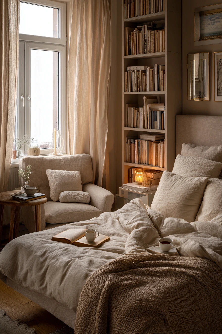 9. Beige Bedroom with Reading Corner and Night Lamp Glow