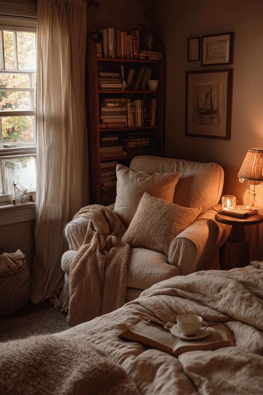 9. Beige Bedroom with Reading Corner and Night Lamp Glow