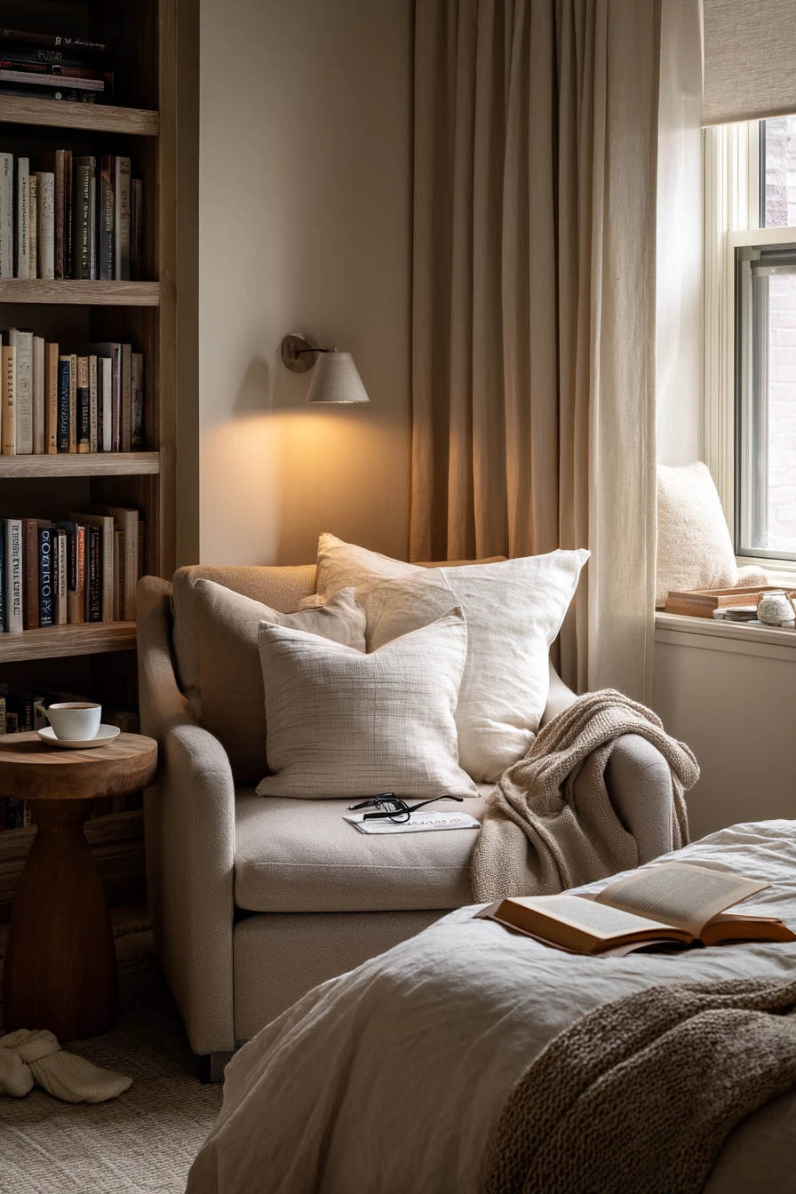 9. Beige Bedroom with Reading Corner and Night Lamp Glow