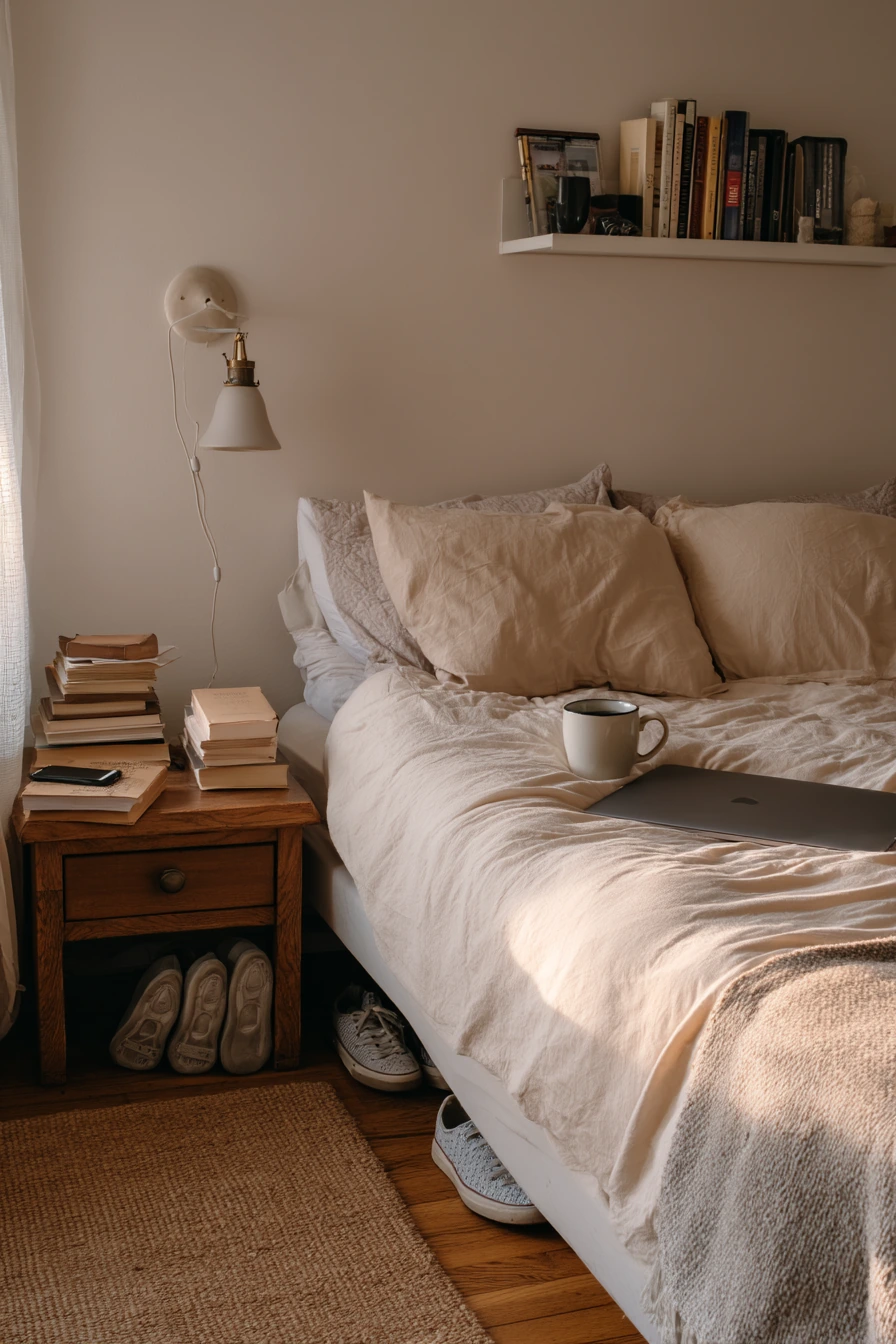 2. Small Beige Bedroom for a Student Renter