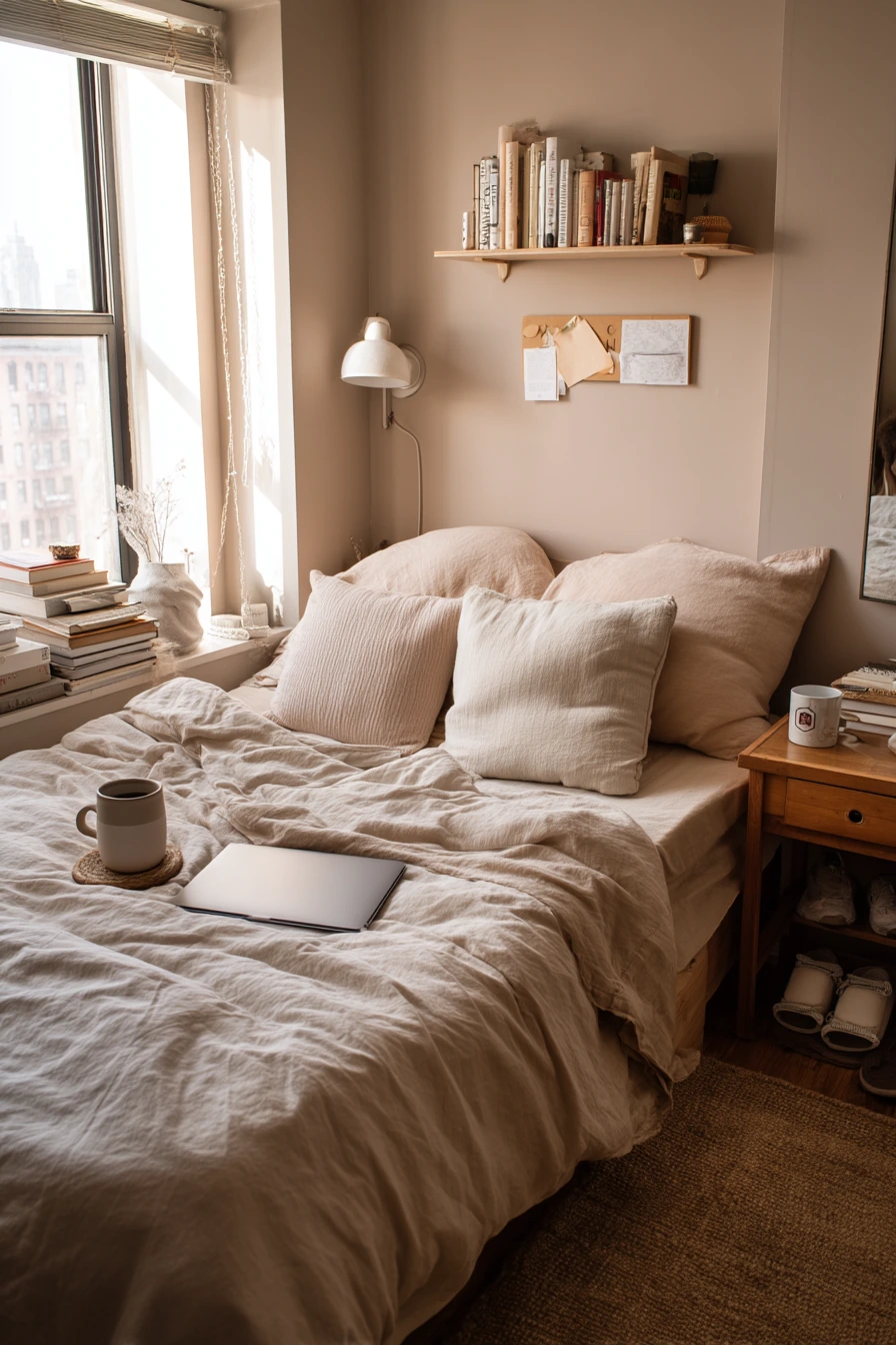 2. Small Beige Bedroom for a Student Renter