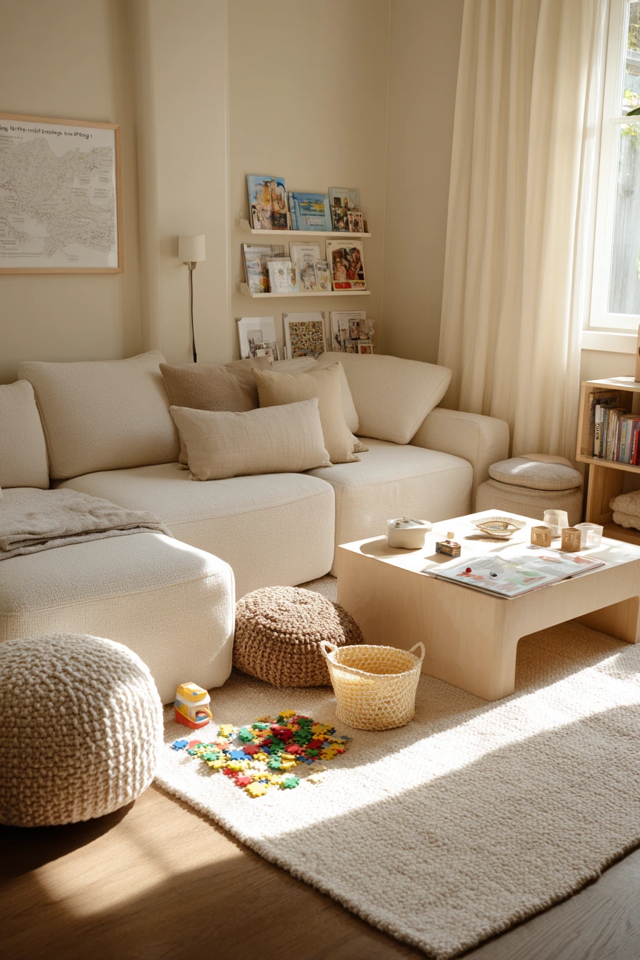 Beige Living Room with Kids